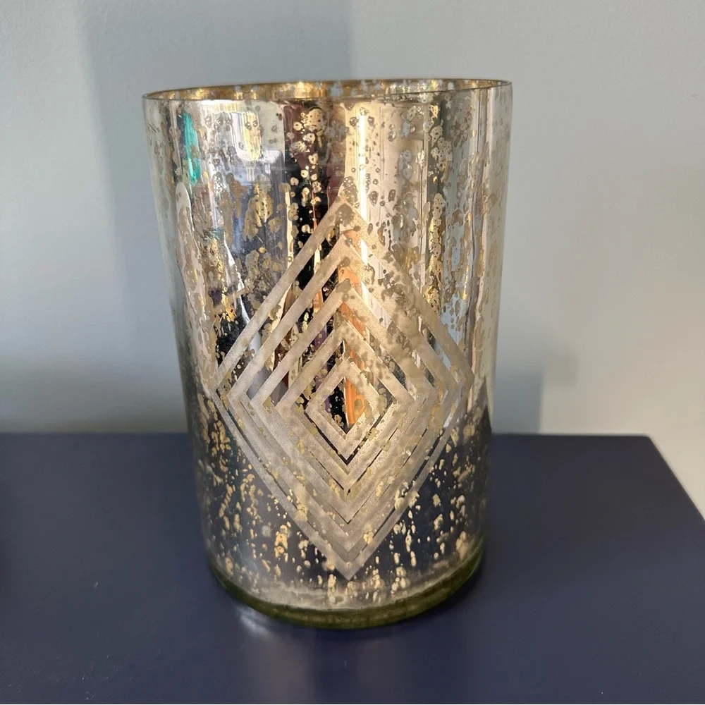 Home Essentials Mercury Glass Diamond Geometric Pillar Candle Holder Vase 7 1/2”
